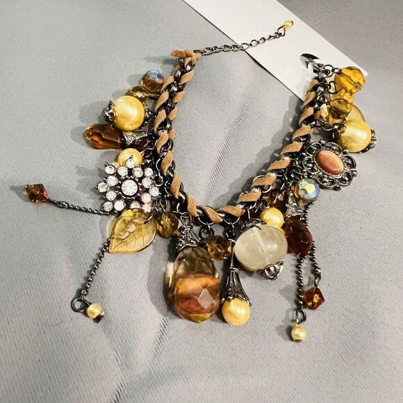 Art Glass Dangle Charm Bracelet Faux Pearl Leather Rhinestone Dangle Earth Tone - Picture 7 of 13